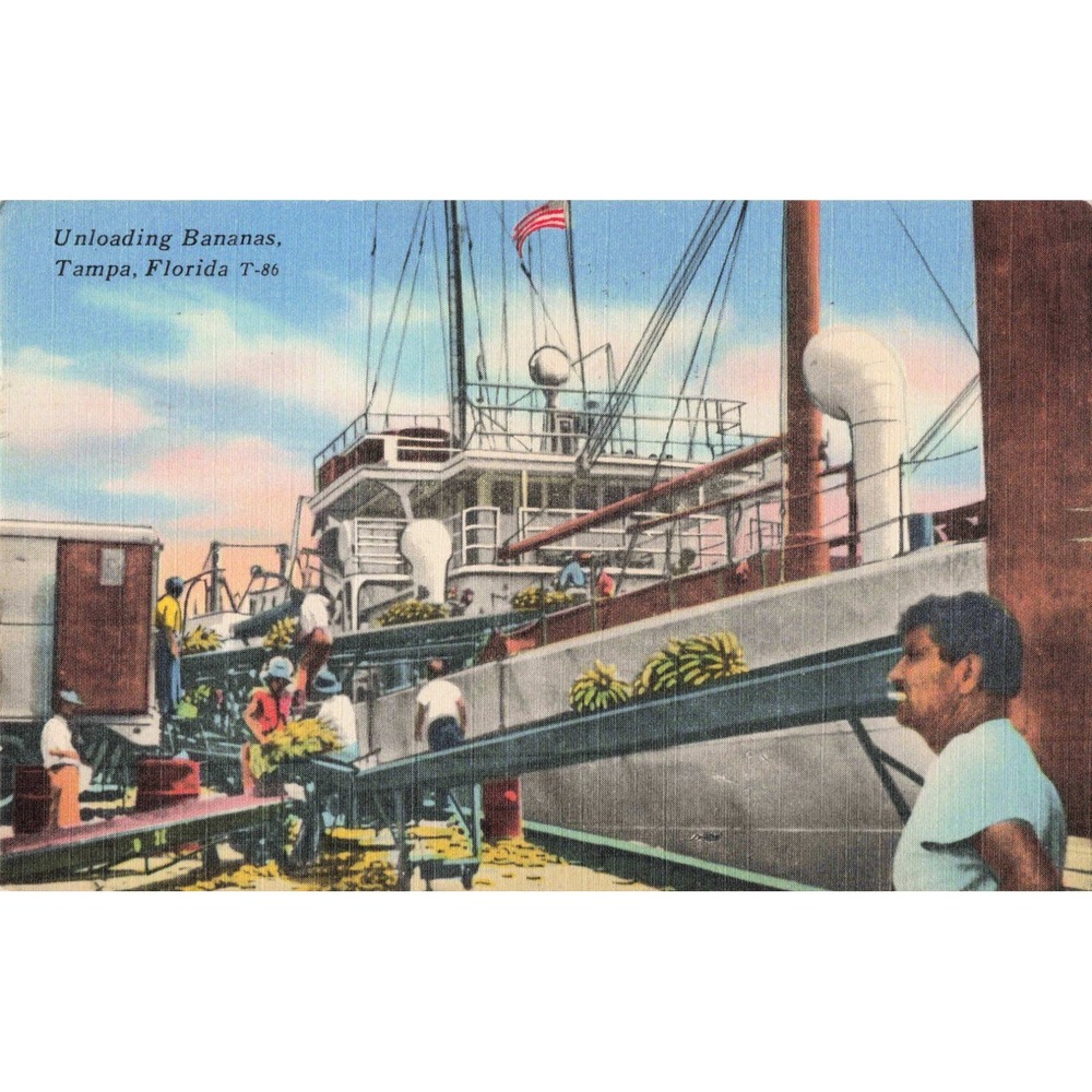 Vintage Unloading Bananas Tampa Florida T-86 Linen Postcard Tichnor Quality View